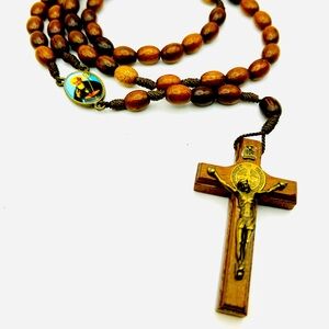 Vintage Catholic Rosary St Benedict, Wooden Beads, protection, peace, prayer